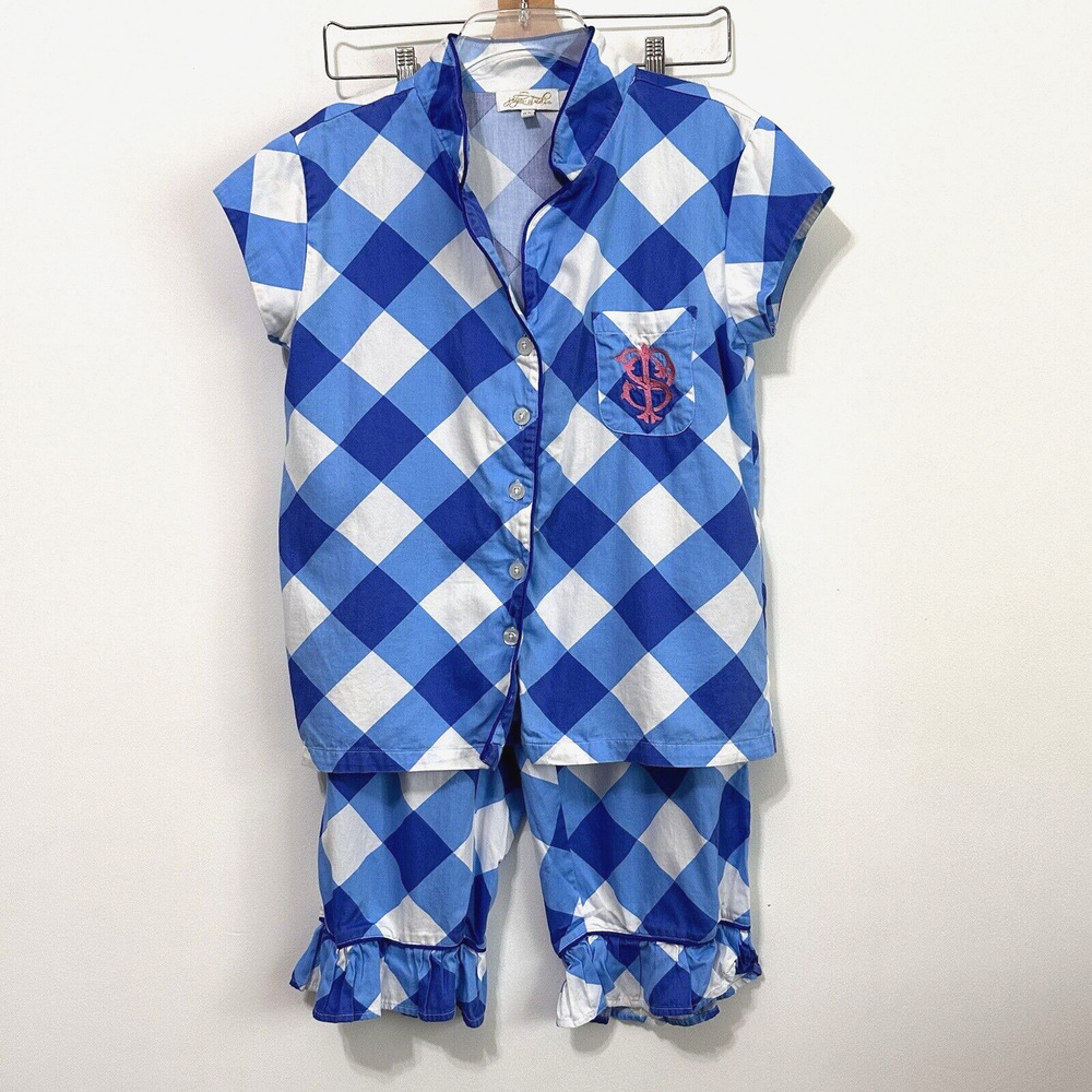 Jayes Studio Pajama Set XS Sateen Blue Gingham Shirt Capri‎ Pants Ruffle Logo
